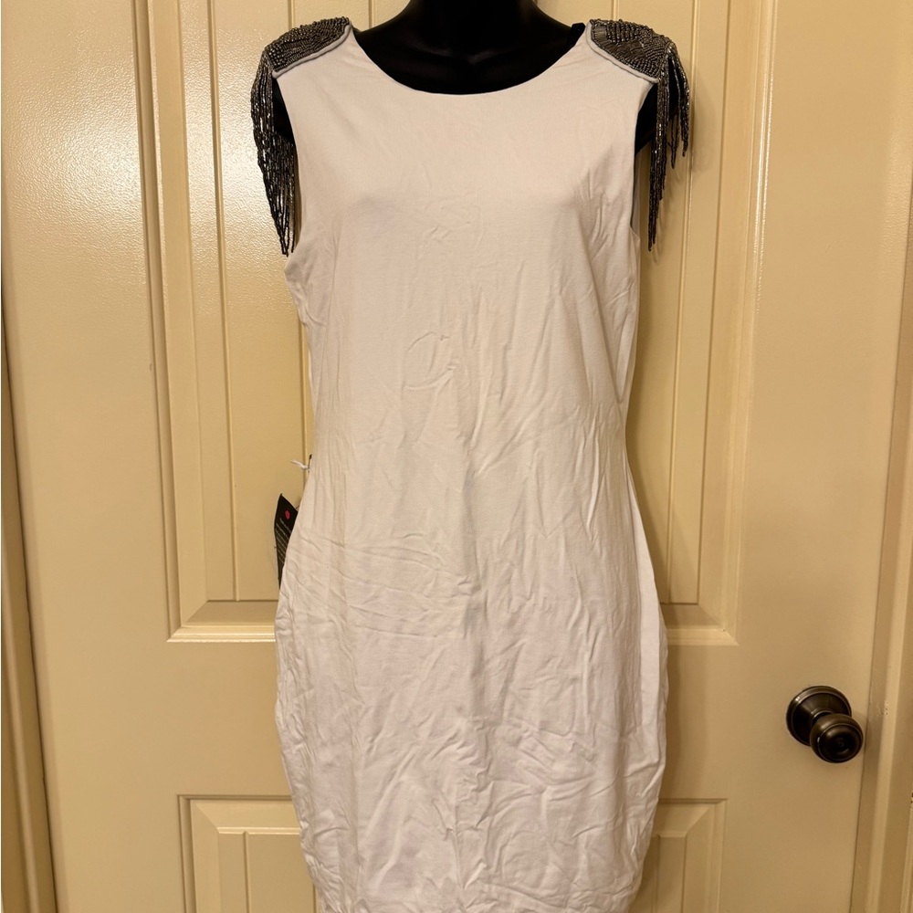 NWT Bebe Addiction White Dress with Black sequin Fringe Accents size Medium